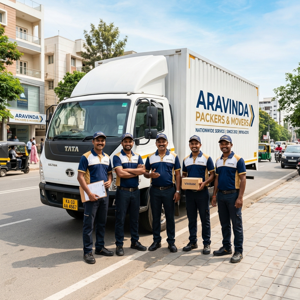 Aravinda Packers and Movers professional team next to moving vehicle